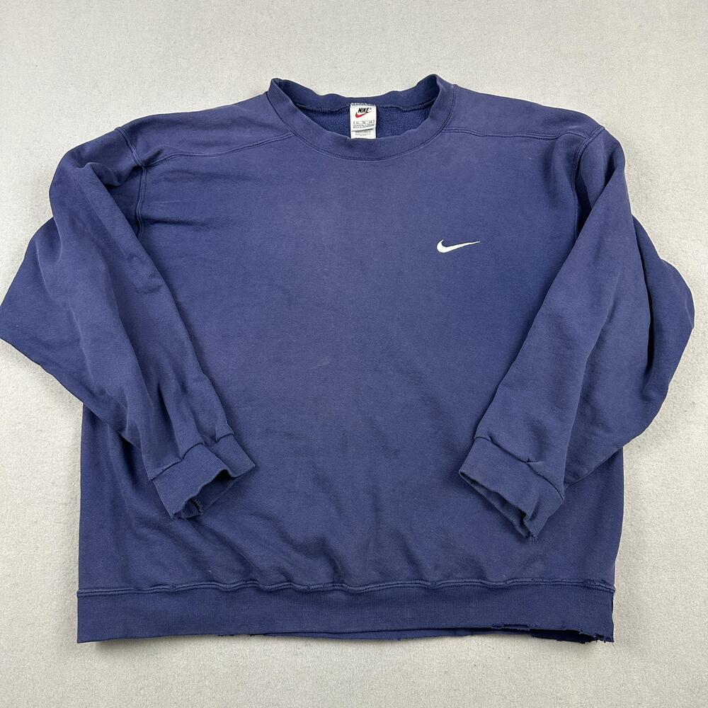 Vintage Nike Sweatshirt Men XL Blue Pullover Fleece Crewneck Swoosh Logo 90s